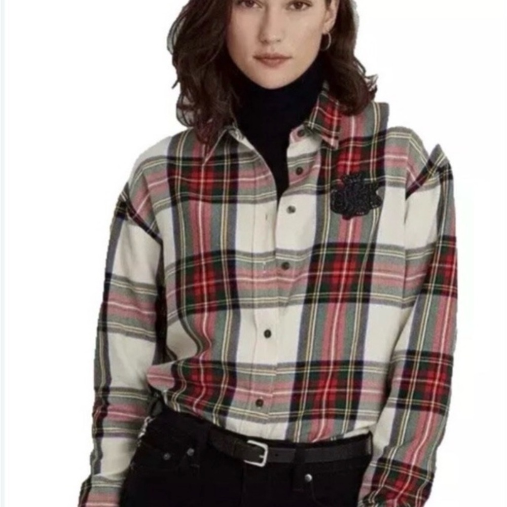 Lauren Ralph Lauren Women's Red Bullion Checked Plaid Twill Shirt Size X-Large